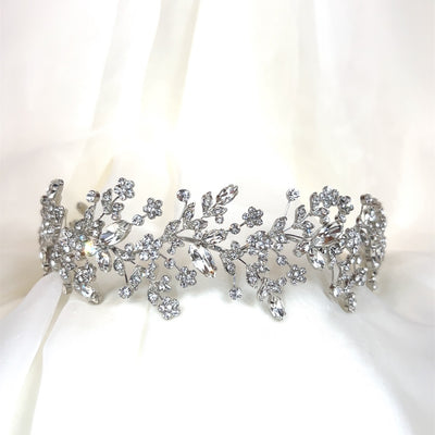 bridal headband with silver sprigs of floral crystal details