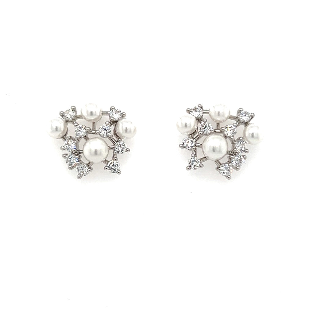 cubic zirconia cluster stud earrings with small round stones, pearls, and silver link detailing