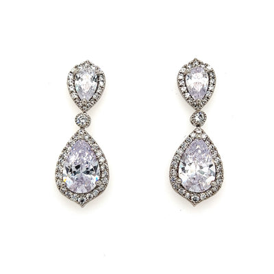 teardrop cubic zirconia bridal dangle earrings with stone detailing and silver pointed halos