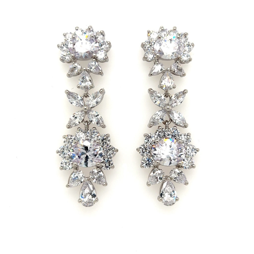 bridal dangle earrings with floral cubic zirconia clusters and silver link detailing