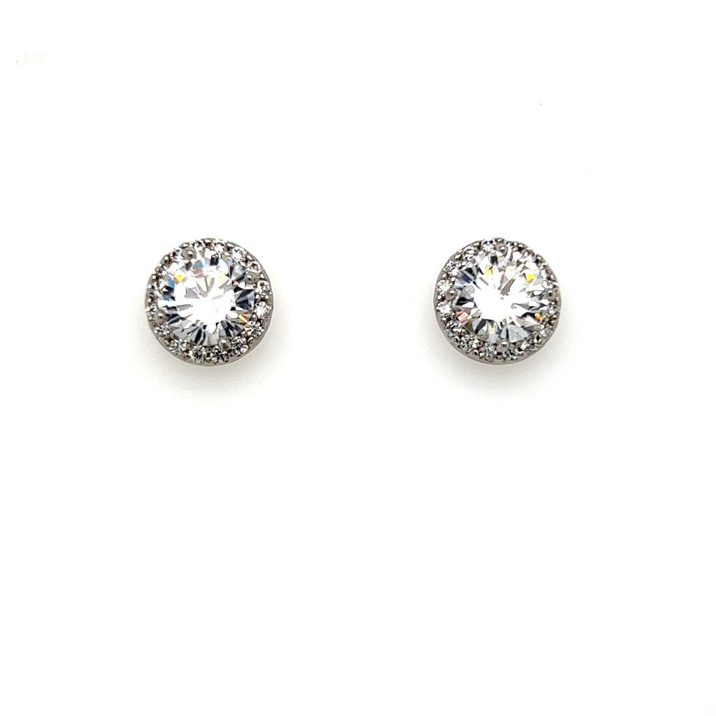 The Traditional Stud CZ Bridal Earrings (style no. E201) feature large central gemstones surrounded by smaller ones.