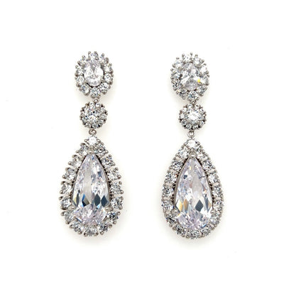 silver cubic zirconia bridal teardrop earrings with detailed halos