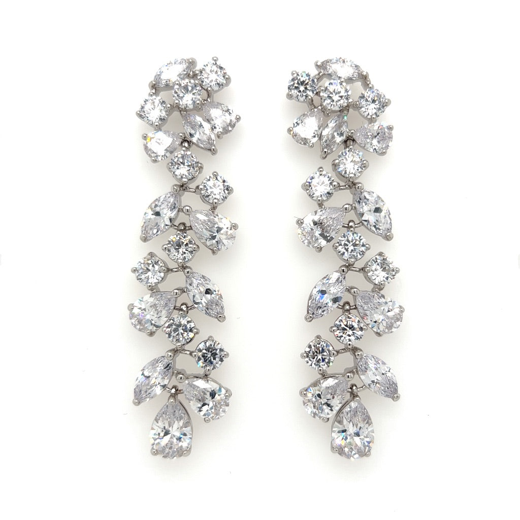 bridal dangle earrings with long cubic zirconia clusters and silver link detailing