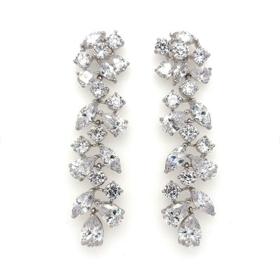 bridal dangle earrings with long cubic zirconia clusters and silver link detailing