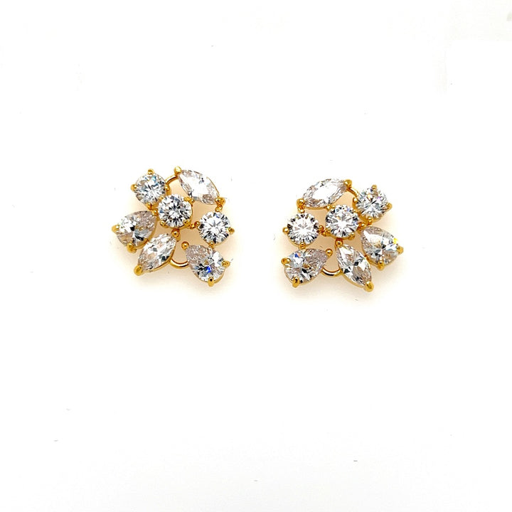 Gold wedding earring studs featuring clusters of round and marquise-cut CZ gemstones in a floral design set against a white background.