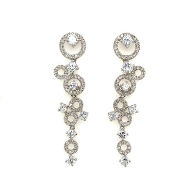 bridal dangle earrings with various silver encrusted circles and cubic zirconia details