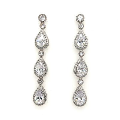 small triple teardrop cut cubic zirconia dangle earrings with round stone detailing and silver halos