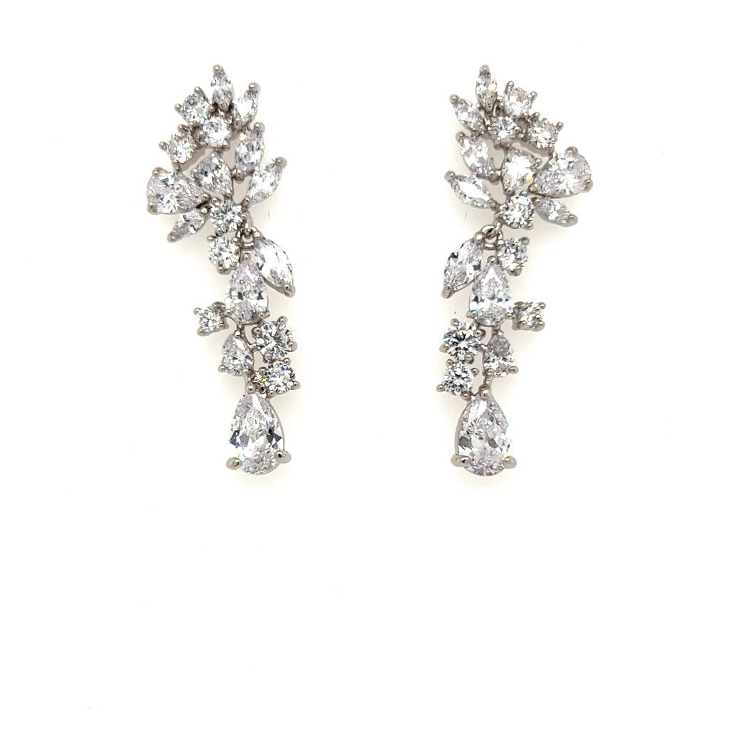 bridal dangle earrings with floral cubic zirconia clusters and silver detailing 