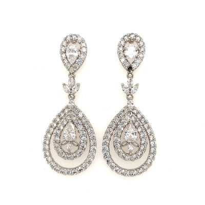 teardrop chandelier earrings with double cubic zirconia halos and silver detailing 