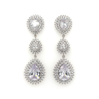 bridal dangle earrings with 3 layers of teardrop cut cubic zirconia and halos