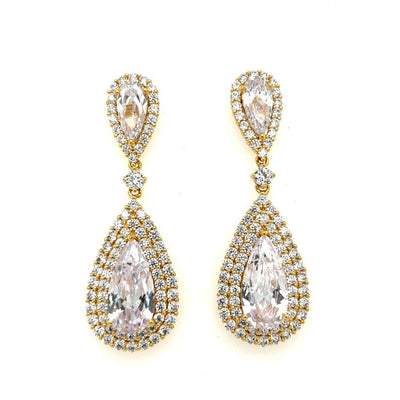 bridal teardrop earrings with cubic zirconia stones and gold halos