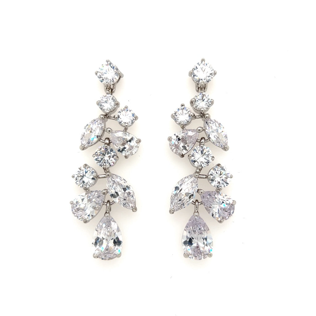 The Bold Vine CZ Wedding Earrings (style no. E188) feature elegant silver drops with sparkling cubic zirconia in round, marquise, and teardrop shapes arranged in a cascading design on a white background.