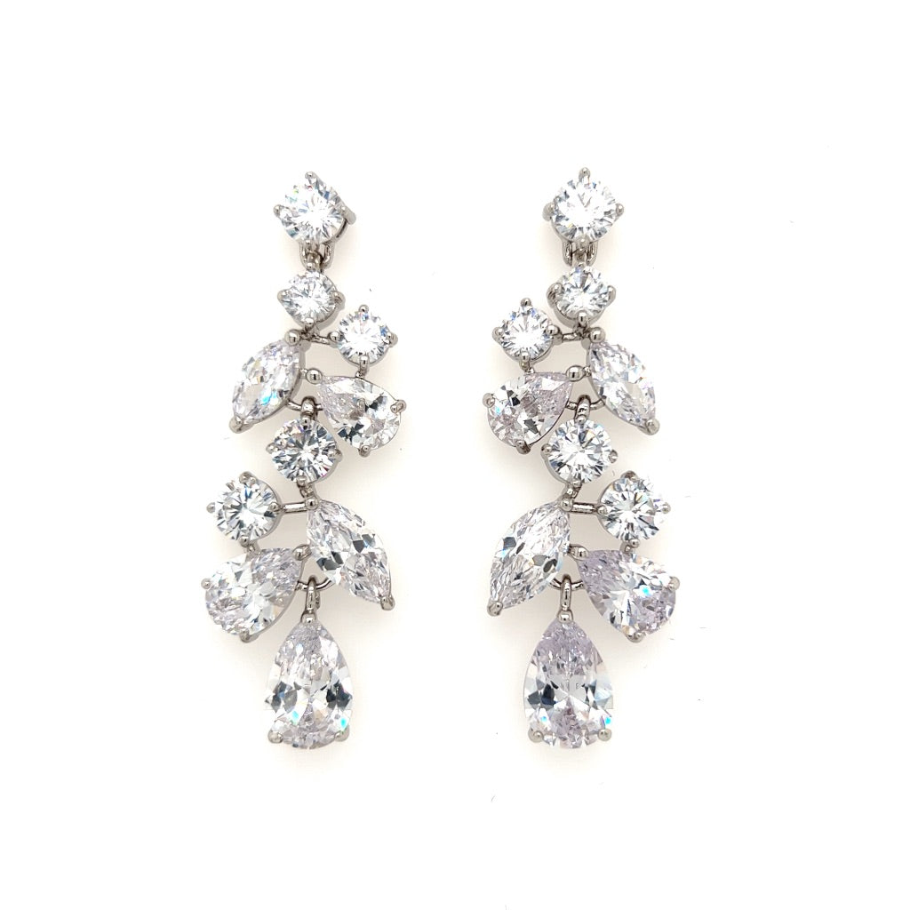 flowing bridal dangle earrings with oval and circle cut cubic zirconia clusters and silver link detailing