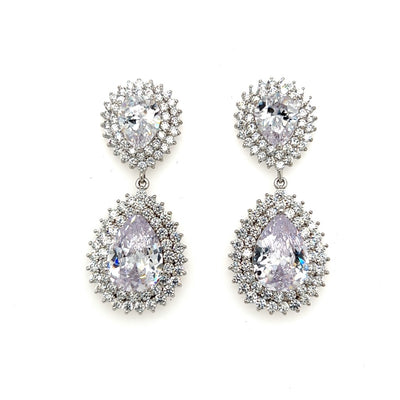double cubic zirconia bridal drop earrings with wide halos and silver link details