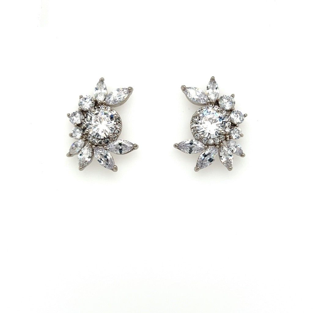 The Half Moon CZ Bridal Stud Earrings (style no. E193) feature round and marquise-shaped AAA cubic zirconia gemstones in a floral starburst pattern, crafted in silver and displayed on a white background.