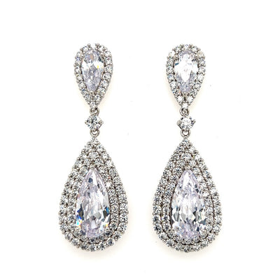 bridal teardrop earrings with cubic zirconia stones and silver halos