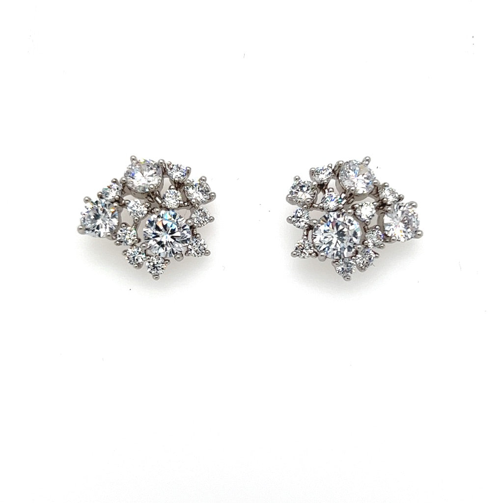 cubic zirconia cluster stud earrings with small round stones and silver link detailing
