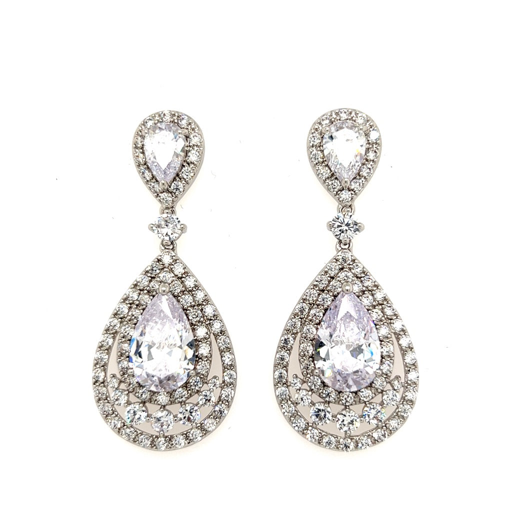 teardrop bridal earrings with double halos encrusted by round cubic zirconia and silver detailing