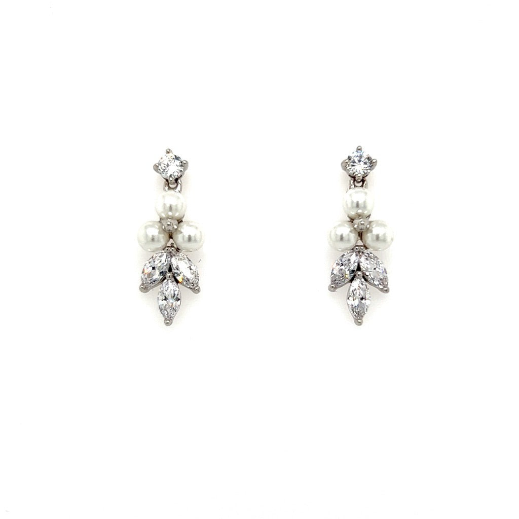 short bridal dangle earrings with small clusters of cubic zirconia and pearl