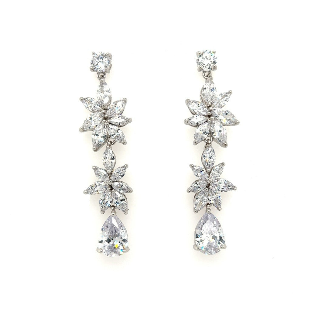 Dazzling Dangle Bridal Flower Earrings (style no. E206) feature clusters of marquise-cut and pear-shaped cubic zirconia in a vintage-inspired floral design, elegantly set in silver—perfect for weddings.