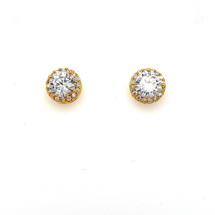 The Traditional Stud Cubic Zirconia Wedding Earrings (style no. E201) feature round settings in gold or silver with clear CZ  gemstone centers encircled by small crystals.