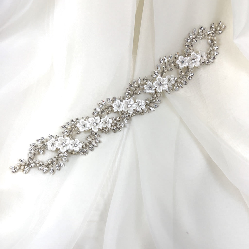 crystal and pearl looping bridal hair vine with porcelain flower details