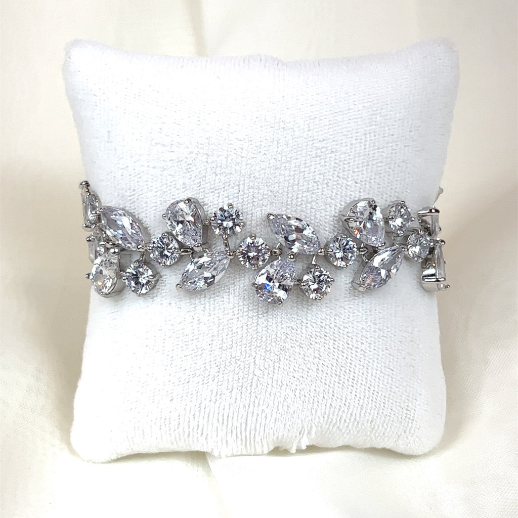 silver bridal bracelet with teardrop and circle cut cubic zirconia 