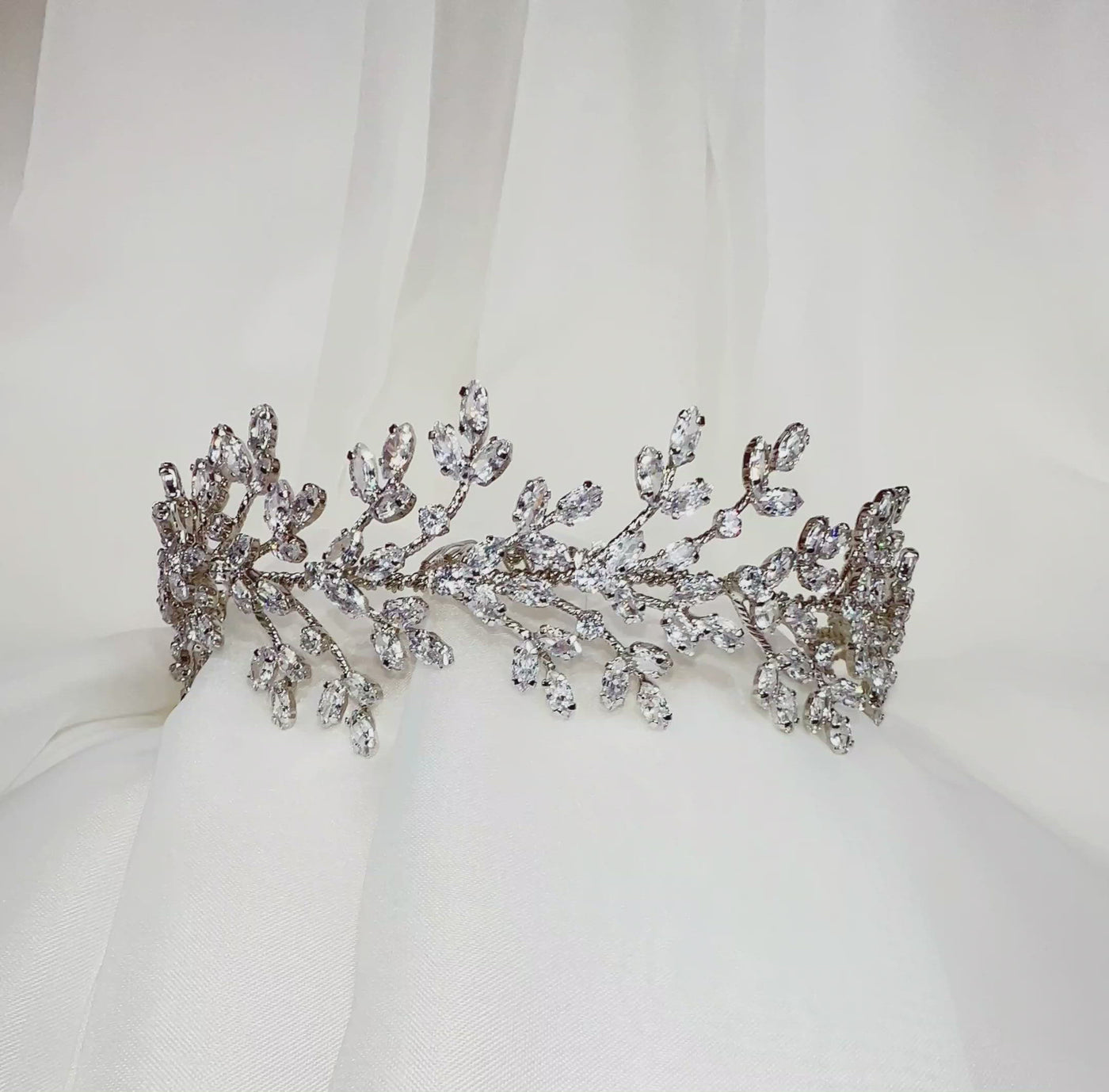 silver bridal headband with sparkling floral crystal sprigs