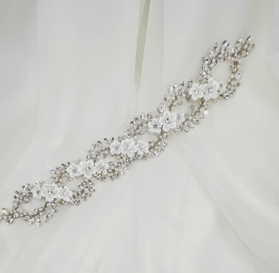 crystal and pearl looping bridal hair vine with white porcelain flower details