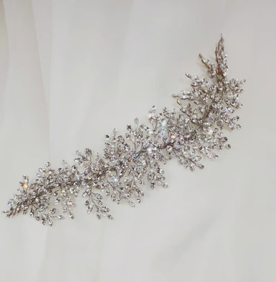 wide silver bridal hair vine with sparkling crystal branches