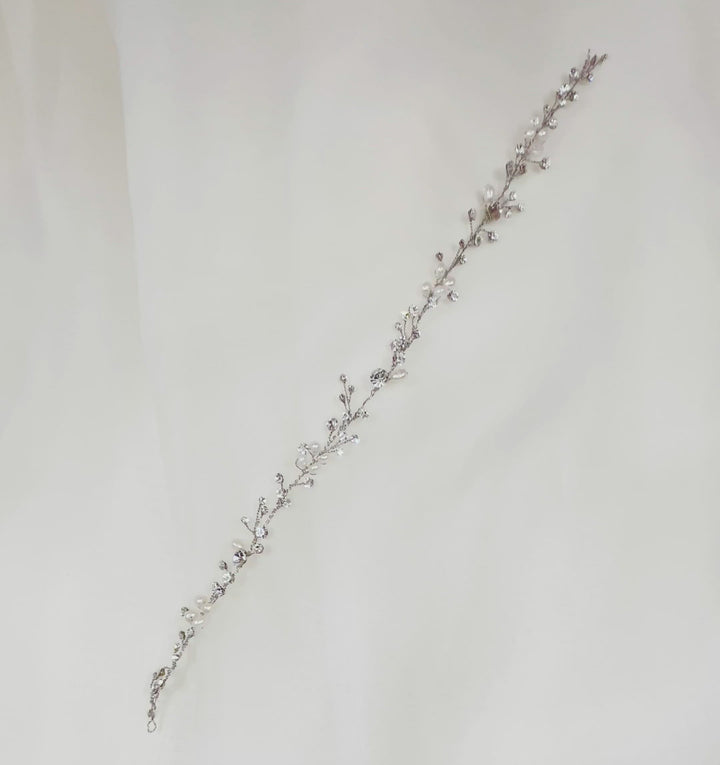 thin silver bridal hair vine with small crystals and glossy pearls