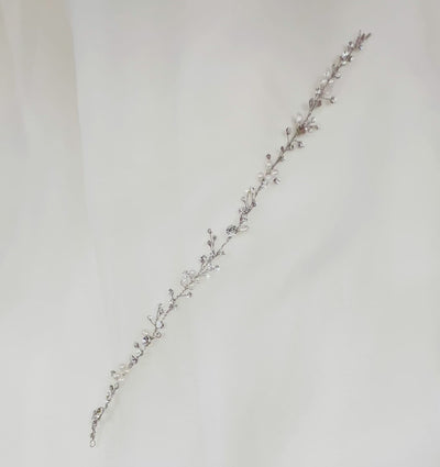 thin silver bridal hair vine with small crystals and glossy pearls