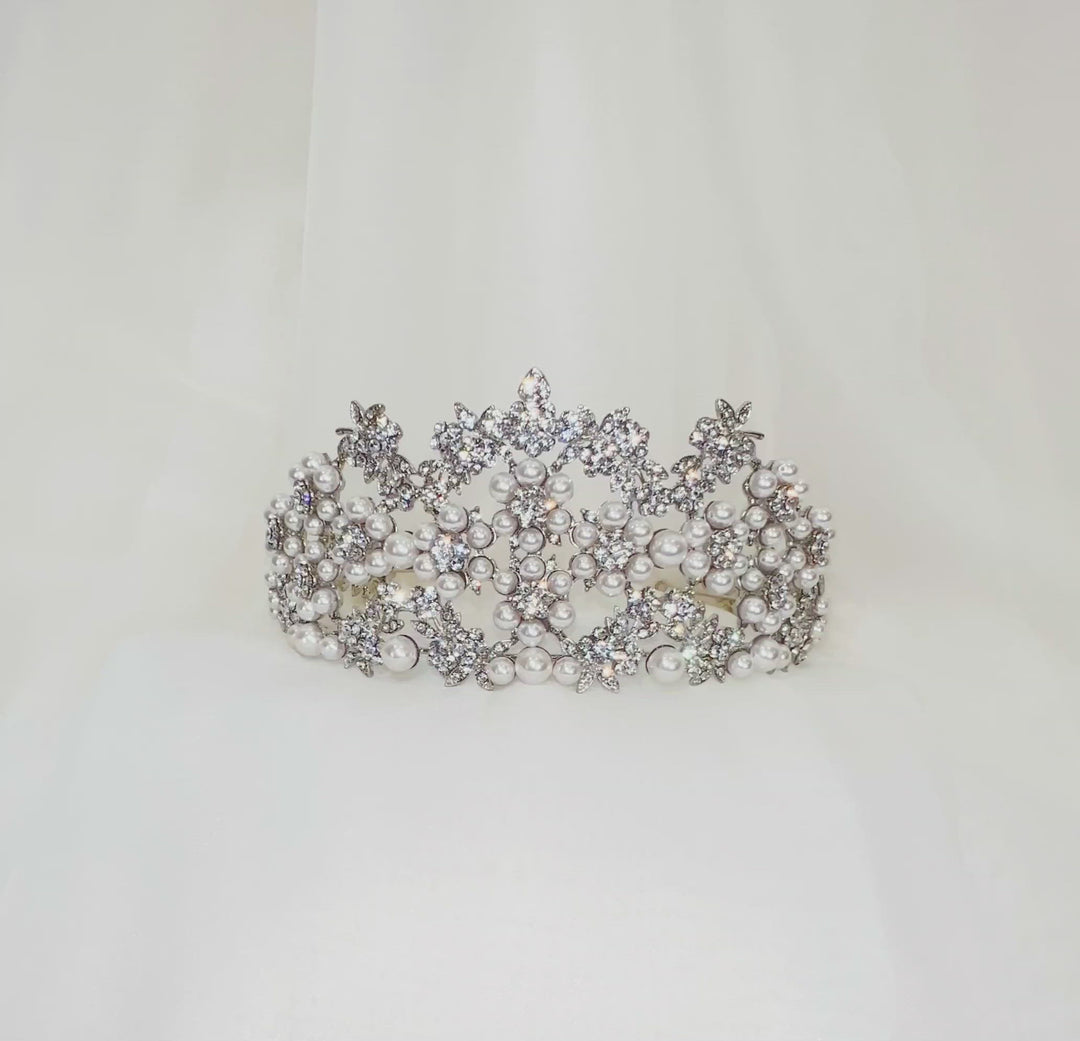 silver bridal tiara with sparkling crystal and pearl floral clusters