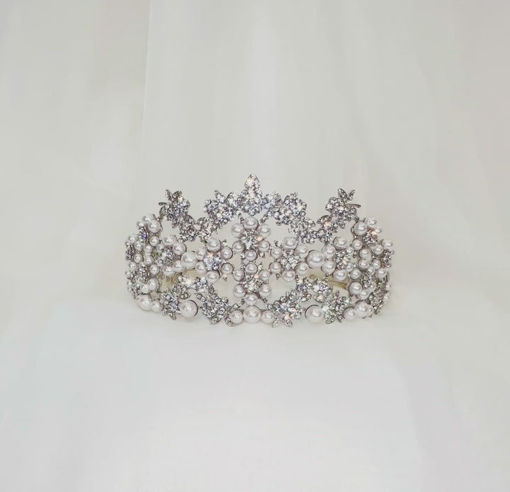 silver bridal tiara with sparkling crystal and pearl floral clusters