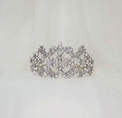silver bridal tiara with sparkling crystal and pearl floral clusters