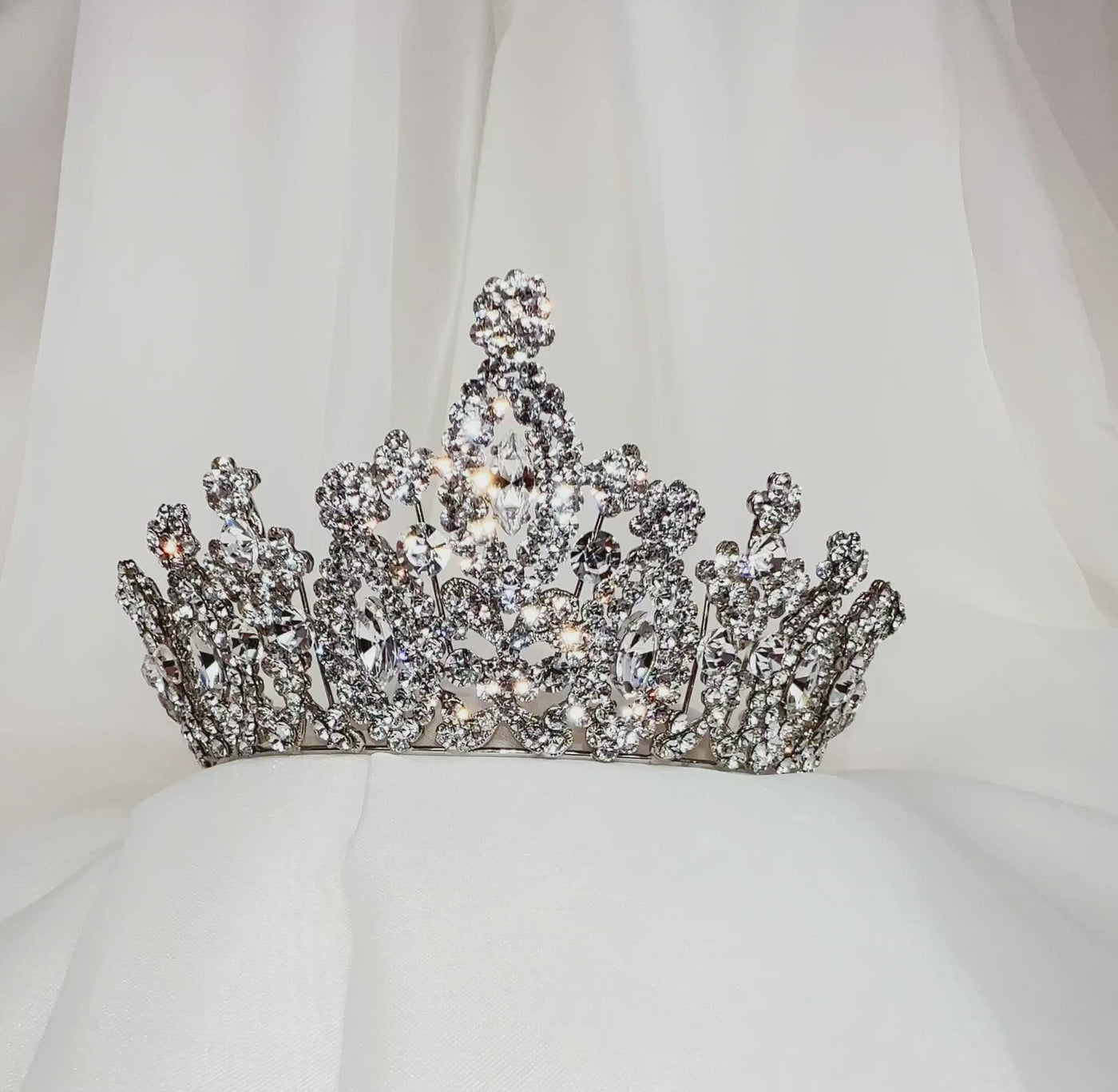 tall bridal crown with round crystal peaks and sparkling halos