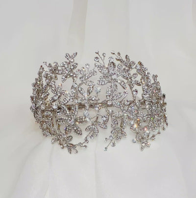 sparkling bridal headband with silver crystalized flowers and small crystal sprigs