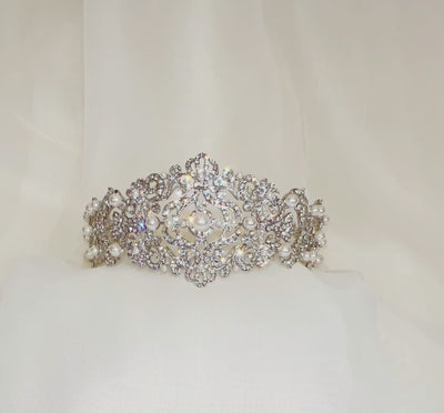 bridal headband with silver swirling detailing and crystal and pearl accents