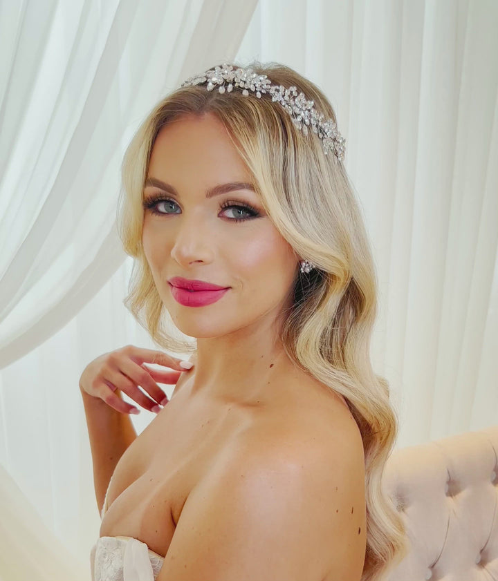 female model wearing crystal cluster bridal halo