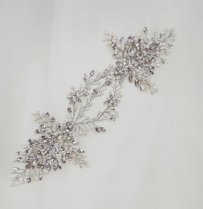 silver bridal loop hair vine with branches of pearl and sparkling crystal and flower details