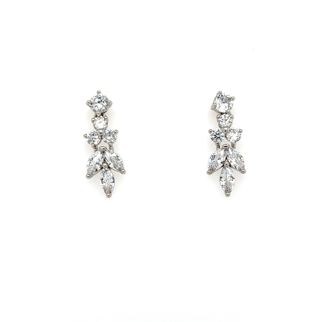 The Dainty CZ Drop Earrings (style no. E192) are perfect bridal jewelry, featuring square and marquise-shaped cubic zirconia crystals that cascade gracefully like elegant leaf earrings against a white background.