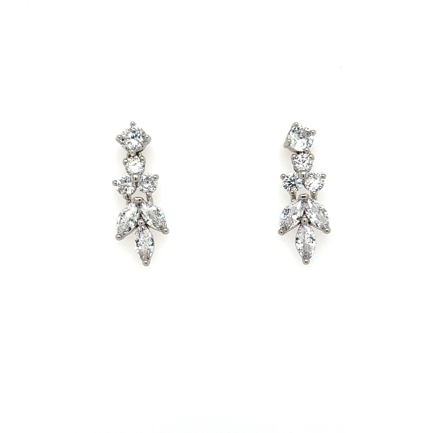 short cubic zirconia bridal dangle earrings with small clusters and silver detailing