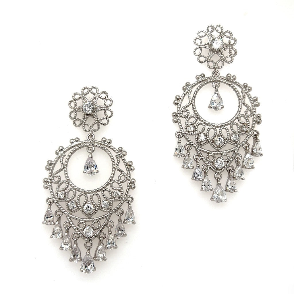 Classic bridal chandelier earrings with pear-cut drop stones, ornate filigree design, and vintage-inspired pavé detailing